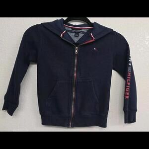 Tommy Hilfiger Hooded Jacket Boys 5 Navy Blue Logo Spell Out Full Zip Casual